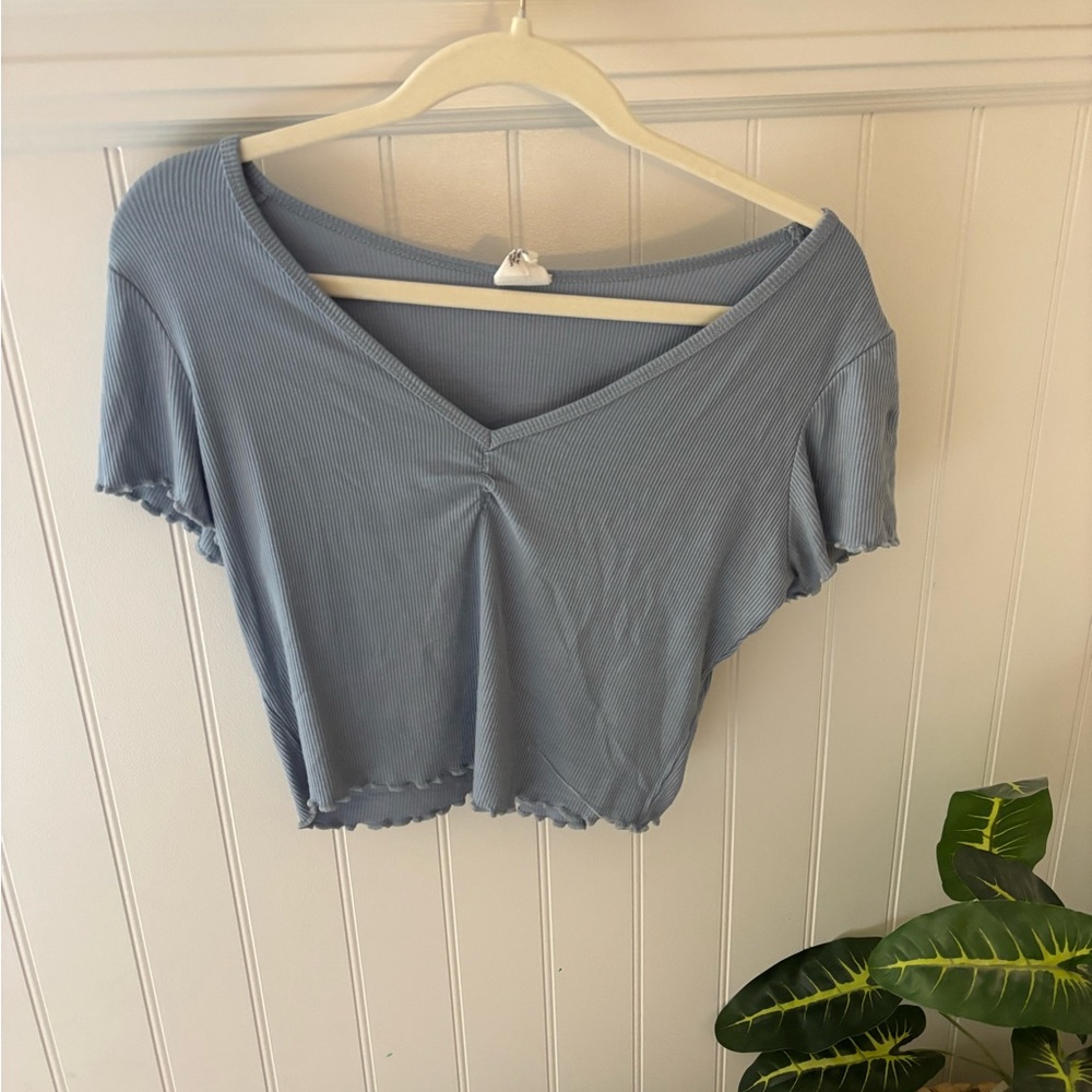 Blue V-Neck Ribbed Women's Top